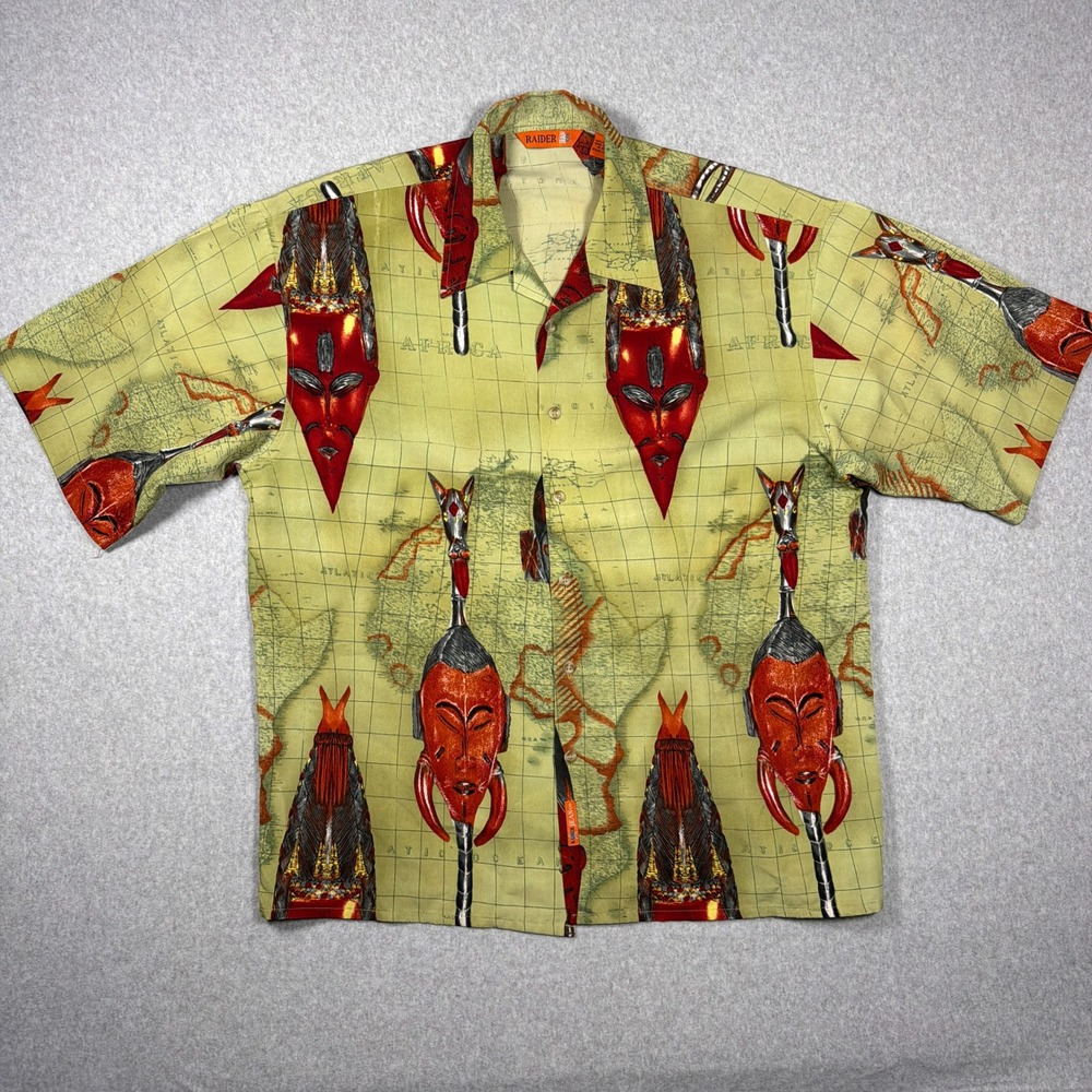 Raider Jean Co Mens XL African Mask Map Print Short Sleeve Button Down Shirt